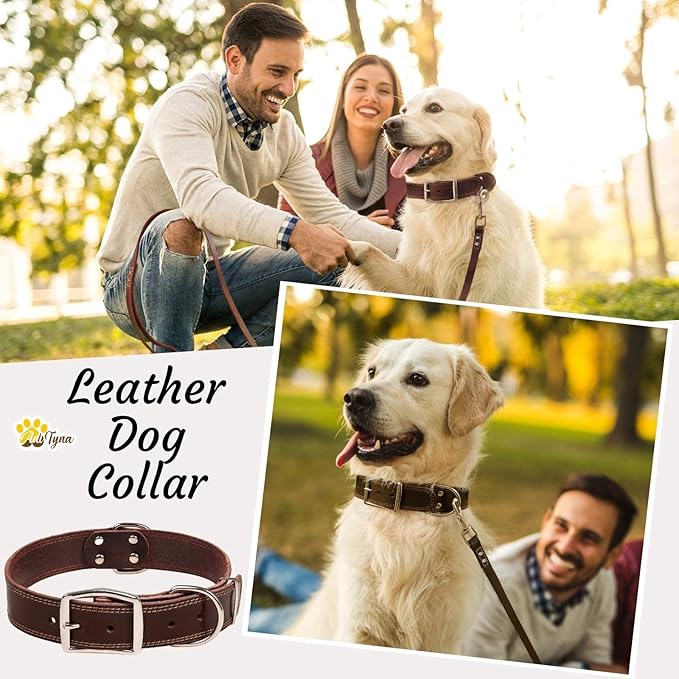 ADITYNA Heavy Duty Leather Dog Collar for Large Dogs - Soft and Strong Leather Dog Collar for Walking, Training, Hiking, Hunting, and Running (Large: Fit 17" - 23" Neck, Brown)