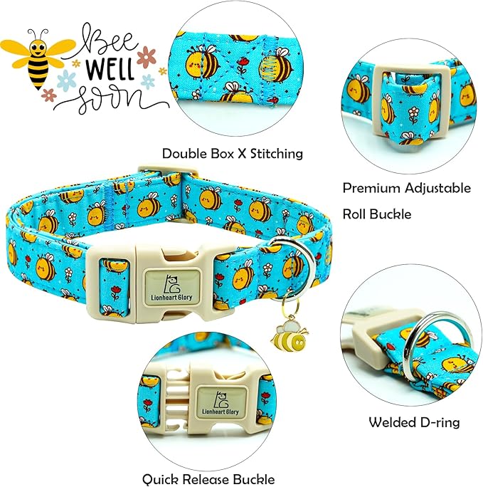 Lionheart glory Dog Collar, Bees Blue Dogs Collar Adjustable Soft Comfortable Collars for Large Dogs Girl or Boy Pet Gift Cute Spring Summer Collar