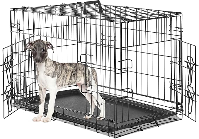 Double Door Dog Crate, Durable Metal Foldable Pet Crate with Secure Lock, Removable Tray for Easy Cleaning for Dogs Portable Pet Crate for Indoor, Outdoor, 30 Inch