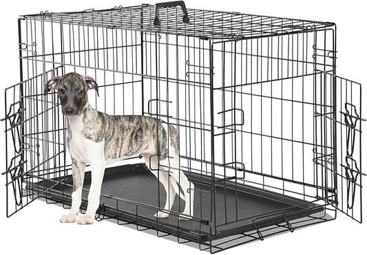 Double Door Dog Crate, Durable Metal Foldable Pet Crate with Secure Lock, Removable Tray for Easy Cleaning for Dogs Portable Pet Crate for Indoor, Outdoor, 30 Inch