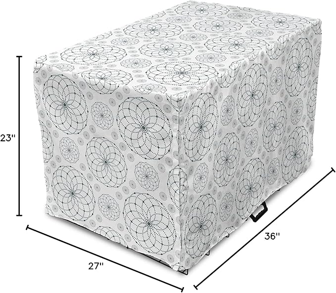 Ambesonne Sacred Geometry Dog Crate Cover, Circular Formations with Dots Flower Like Elements Design Print, Easy to Use Pet Kennel Cover for Medium Large Dogs, 36 Inch, Dark Petrol Blue White