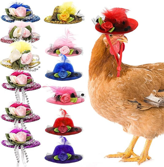12 Pcs Chicken Hats for Hens, Mini Feather Top Chicken Helmet Halloween Accessories, Funny Small Hat Tiny Pet Hat, Chicken Show Costume for Rooster Duck Hamster Parrot Bird Poultry Snake