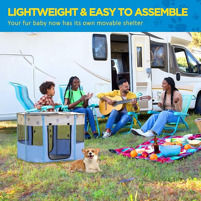 Avont Portable Dog Cat Playpen, Foldable Pop Up Pet Play Pen Travel Crate with Floor and Mesh Door Top for Indoor Outdoor Collapsible Tent Cage -S, Blue