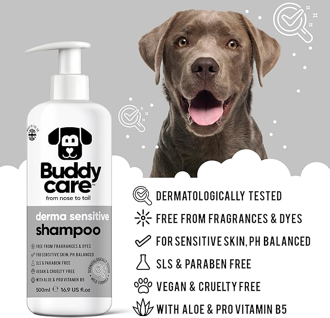 Derma Sensitive Dog Shampoo by Buddycare | Dry Skin & Itchy Skin Relief for Smelly Dogs | Deep Cleansing for Dogs Puppy Sensitive Skin | Dog Shampoo & Conditioner | with Aloe & Vitamin B5 (16.90oz)