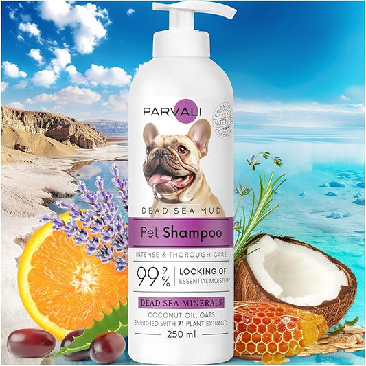 Natural Dead Sea Mud Bath Dog Shampoo (250 ml, 8.45 fl oz). A Purifying Anti-Itching Gentle Skin and Coat Care Formula. Minerals Rich, Long-Lasting Perfume, Easy Application. Enjoy!