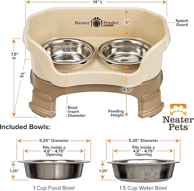 Neater Feeder Deluxe Mess Proof Cat Bowls Elevated for All Breeds – Made in USA – No Spill Raised Cat Bowls for Indoor Cats w/Leg Extensions – Stainless Steel Cat Food and Water Bowl Set - Beige