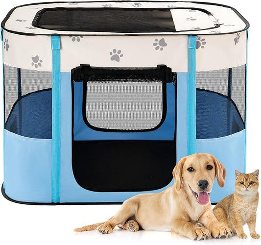 Avont Portable Dog Cat Playpen, Foldable Pop Up Pet Play Pen Travel Crate with Floor and Mesh Door Top for Indoor Outdoor Collapsible Tent Cage -L, Blue