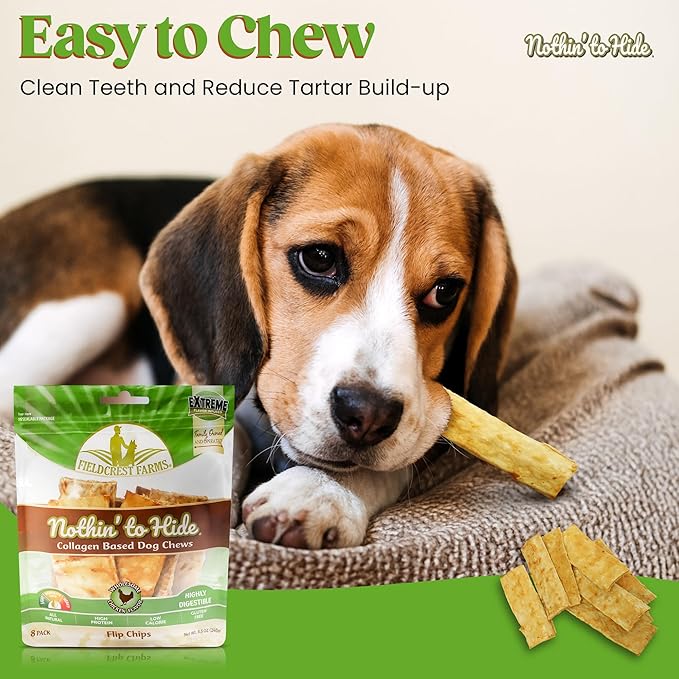 Fieldcrest Farms Nothin to Hide Flip Chips Dog Chews - Natural Rawhide Alternative Treats for Dogs, Collagen Based Snack for Moderate Chewers Up to 35lbs, Chicken Flavor - 2 Packs (16 Chips)