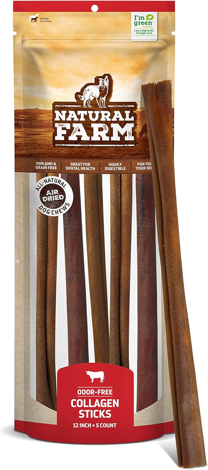 Natural Farm Collagen Dog Chews (12 Inch, 5 Pack), Odor-Free Long Lasting Bully Sticks & Rawhide Alternative Dog Treats, 95% Collagen Low Fat, High Protein Best Dental Dog Treats – Medium & Large Dogs