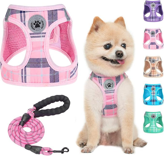 BEAUTYZOO Small Dog Harness and Leash Set,Step in No Chock No Pull Soft Mesh Dog Harnesses Reflective for Extra-Small/Small Medium Puppy Dogs and Cats, Plaid Dog Vest Harness for XS S Pets, Pink S