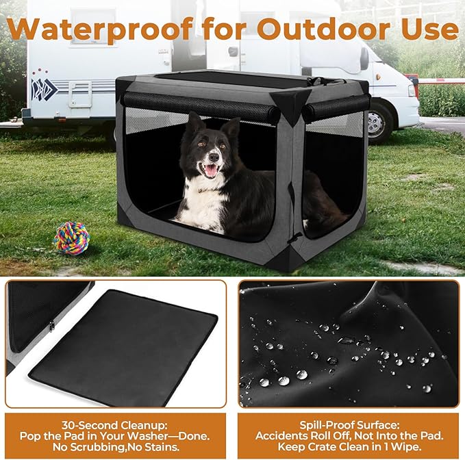 Dog Crates,Collapsible Soft Travel Crate for Large Dogs (3 Year Warranty), Indoor & Outdoor Portable Pet Kennel with Chew Proof Mesh Door (36" L x 25" W x 25" H, French Gray) ﻿