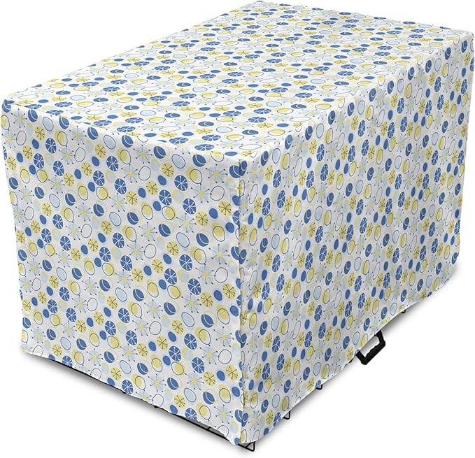 Lunarable Yellow and Blue Dog Crate Cover, Random Doodle Circles Abstract Floral Pattern, Easy to Use Pet Kennel Cover for Medium Large Dogs, 42 Inch, Pale Yellow Pale Blue