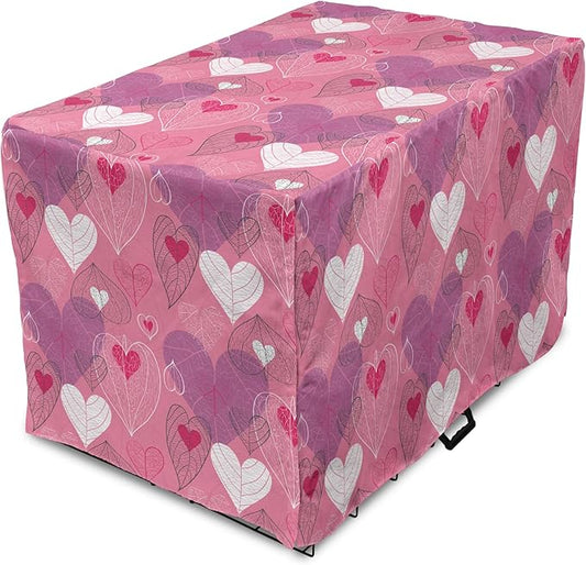 Lunarable Love Dog Crate Cover, Natural Theme Abstract Hearts Pattern Leaves Romantic Nature Art, Easy to Use Pet Kennel Cover for Small Dogs Puppies Kittens, 22 Inch, Pink Purple