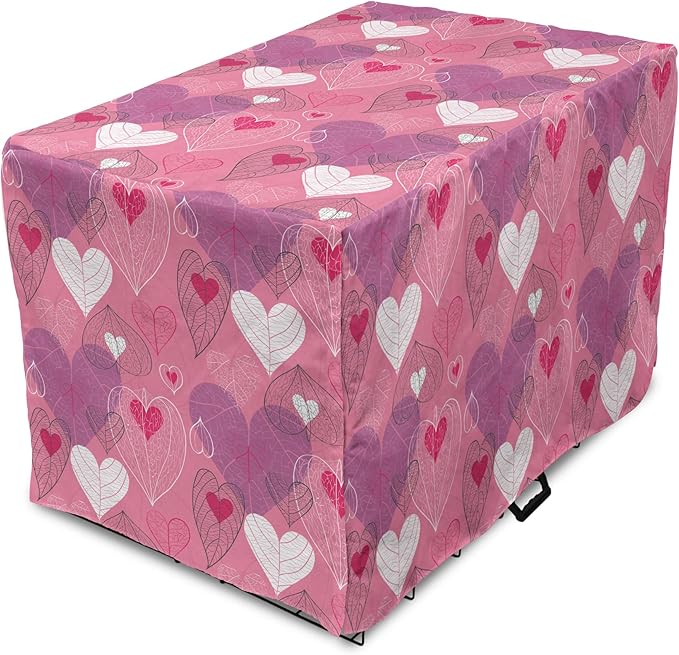 Lunarable Love Dog Crate Cover, Natural Theme Abstract Hearts Pattern Leaves Romantic Nature Art, Easy to Use Pet Kennel Cover for Small Dogs Puppies Kittens, 22 Inch, Pink Purple