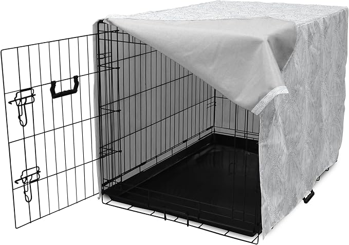 Ambesonne Grey and White Dog Crate Cover, Doodle Style Botanical Leaves Pattern Shabby Ornamental, Easy to Use Pet Kennel Cover for Medium Large Dogs, 36 Inch, Pale Blue Grey and White