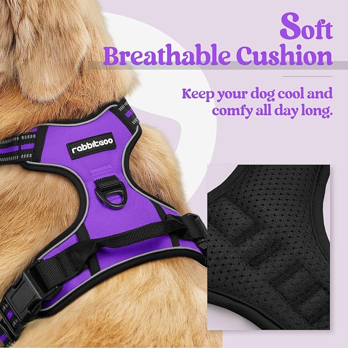 rabbitgoo Dog Harness, No-Pull Pet Harness with 2 Leash Clips, Adjustable Soft Padded Dog Vest, Reflective No-Choke Pet Oxford Vest with Easy Control Handle for Medium Dogs, Purple, M