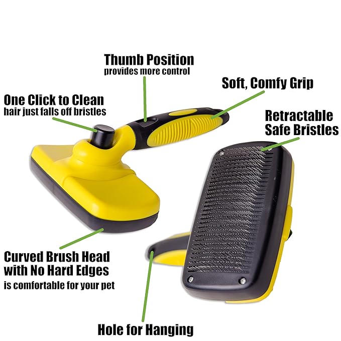 BarxBuddy Self Cleaning Slicker Brush for Dogs & Cats (Smooth & Gentle Bristles) Perfect Deshedding Tool For Long & Short Haired Dogs, Cats, Rabbits, and Other Pets Yellow