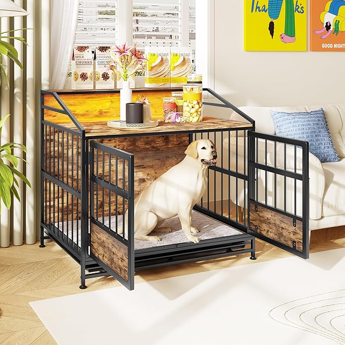 Dog Crate Furniture with Led Lights,Heavy Duty Wooden Dog Kennel with Double Doors,Dog House Indoor for Small Medium Dogs,End Table with Shelves,Black and Brown(34.65" L×24.02W×31.5" H)