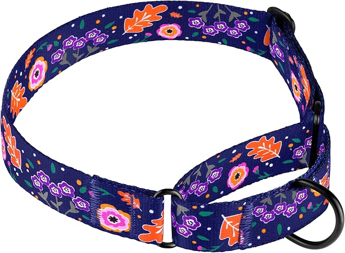 CollarDirect Martingale Collars for Dogs Heavy Duty Floral Pattern Female Safety Nylon Training Wide Collar Flower Design Large Medium (M, Neck Size 12"-17", Navy Blue)