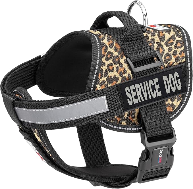 Dogline Unimax Dog Harness Vest with Service Dog Patches Reflective No-Pull, Adjustable Straps, Breathable Neoprene for Medical, Service, Identification and Training Dogs Girth 15 to 19" Leopard Brown