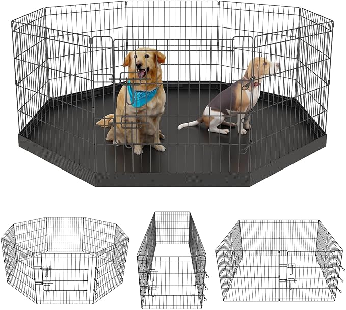 Artmeer Pet Playpen Puppy Playpen Kennels Dog Fence Exercise Pen Gate Fence Foldable Dog Crate 8 Panels 24 Inch for Pet Animals Outdoor Indoor with Bottom Pad (Black with Bottom pad)