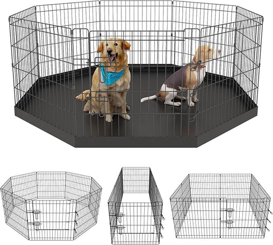 Artmeer Pet Playpen Puppy Playpen Kennels Dog Fence Exercise Pen Gate Fence Foldable Dog Crate 8 Panels 24 Inch for Pet Animals Outdoor Indoor with Bottom Pad (Black with Bottom pad)
