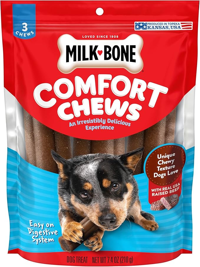 Milk-Bone Comfort Chews, Rawhide Free Dog Treats with Unique Chewy Texture and Real Beef, 3 Chews (Pack of 5), Easy on Digestive System