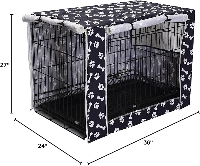 Morezi Dog Crate Cover for Wire Crates,Cage, Heavy Nylon Durable Waterproof Windproof Pet Kennel Cover Indoor Outdoor Protection - Cover only - Black Paw Bone - Large