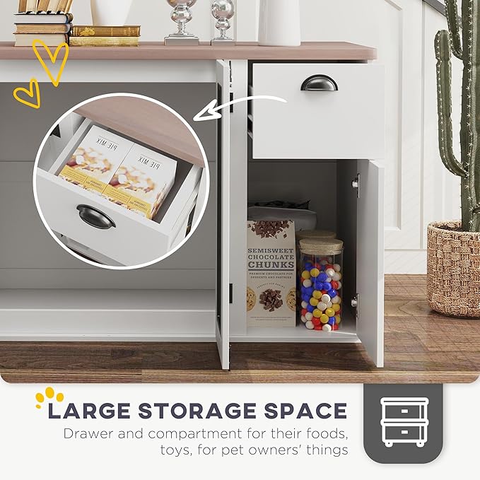 PawHut 44" Dog Crate End Table, Double Door Kennel With Storage Drawer, Indoor Furniture Style Cage for Medium Dogs, White