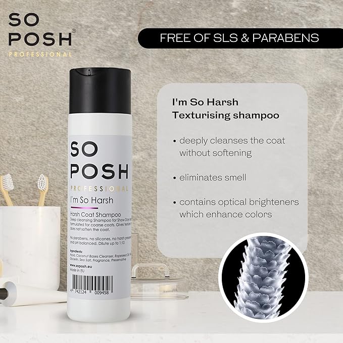 So Posh I'm So Harsh Dog Shampoo - with Sea Salt, Perfect for French Bulldogs, Terriers & Schnauzers, Texturizing, Deep-Cleansing, Sulfate & Paraben Free, 1:10 Concentrate. 33.8 Oz