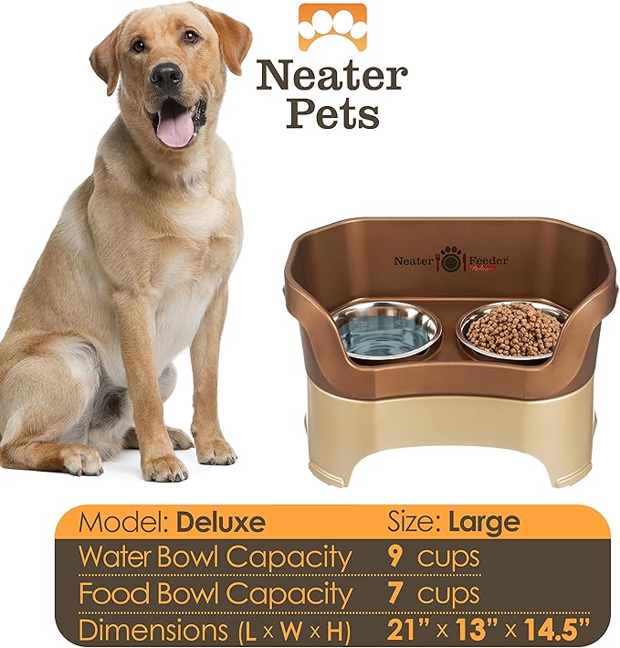 Neater Feeder Deluxe Mess Proof Dog Bowls Elevated for Large Breed – Made in USA – No Spill Raised Dog Food Bowl Stand – Stainless Steel Food and Water Bowl Set, Pet Dish Feeding Station, Bronze