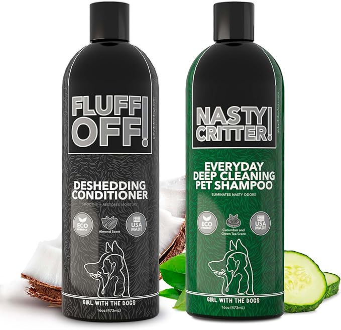 Fluff Off! by Girl With The Dogs, Natural Deshedding Dog & Cat Conditioner 16 Oz and Nasty Critter! Everyday Deep Cleaning Dog Shampoo 16 Oz