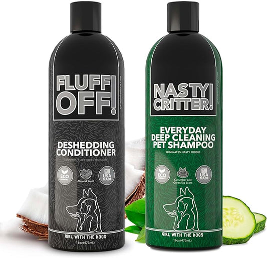 Fluff Off! by Girl With The Dogs, Natural Deshedding Dog & Cat Conditioner 16 Oz and Nasty Critter! Everyday Deep Cleaning Dog Shampoo 16 Oz