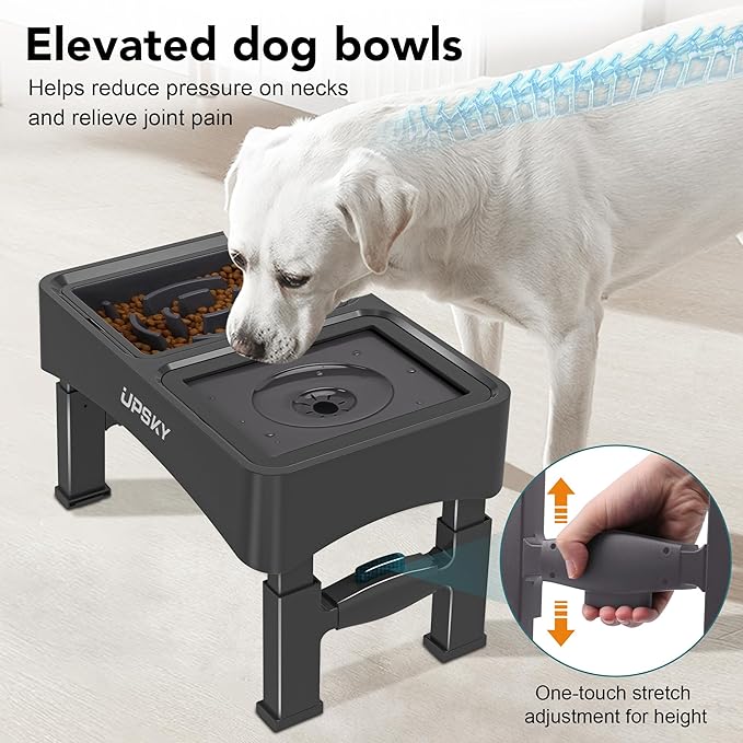 UPSKY 2-in-1 Elevated Bowls Slow Feeder, 4 Height Adjustable Raised Stand No Spill Water Dispenser, Anti-Slip Food and Water Bowl for Small Medium Dogs, Black