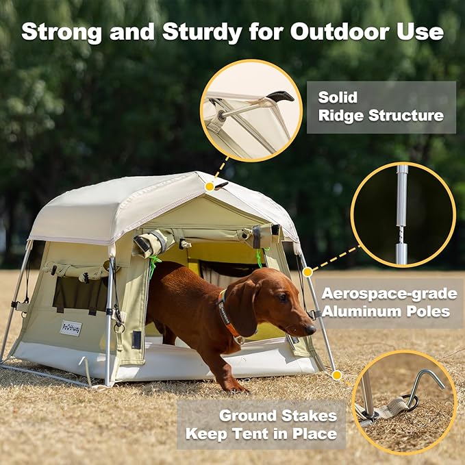 Dog Tent Cotton Fabric, Aluminum Poles and Camping Mat, Outdoor Weatherproof, Dog House Outdoor, Breathable with 2 Side Windows, Portable and Collapsible (Green, Small)