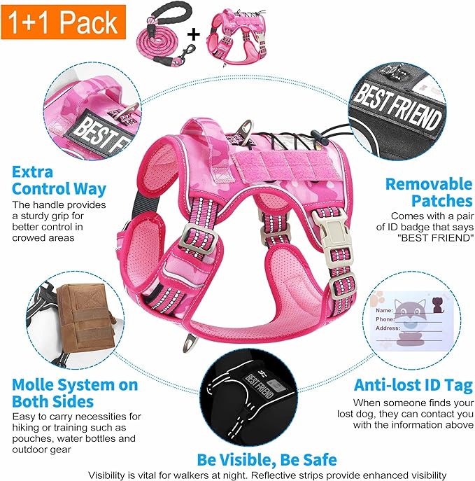 Heavy Duty Tactical Dog Harness for Medium Dogs, No Pull Adjustable Pet Harness Reflective Service Training Easy Control Pet Vest Military K9 Working Dog Harnesses- Medium, Pink Camo