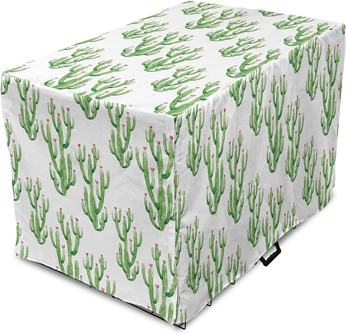 Ambesonne Watercolor Flowers Dog Crate Cover, Cactus Plants Exotic Climate Botanical Branches Mother Nature, Easy to Use Pet Kennel Cover for Cats & Medium Dogs, 24 Inch, Fern Green