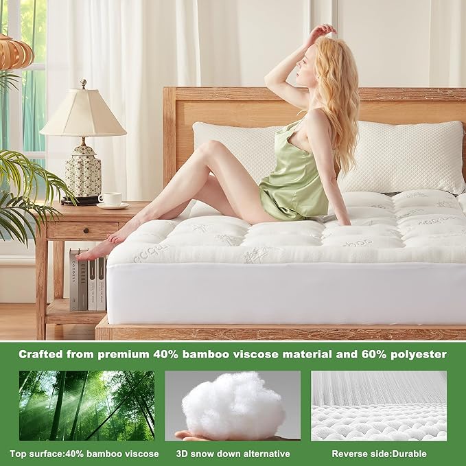 BEDLORE King Mattress Topper Viscose Derived from Bamboo, Thick Pillow Top Mattress Pad with Stretchable Pockets for 6-18 inches Mattress, Soft Breathable Mattress Topper for Back Pain Relief