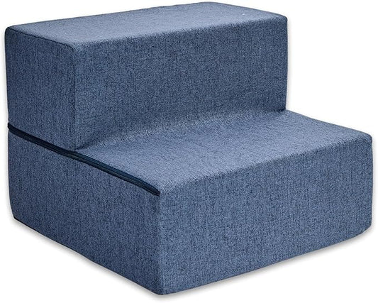 Best Pet Supplies Portable Foldable Foam Pet Stairs/Steps for Couch, Sofa, and High Bed, Non-Slip Bottom Balanced Paw Safe - Navy Blue, Foldable 2-Step (H: 12")