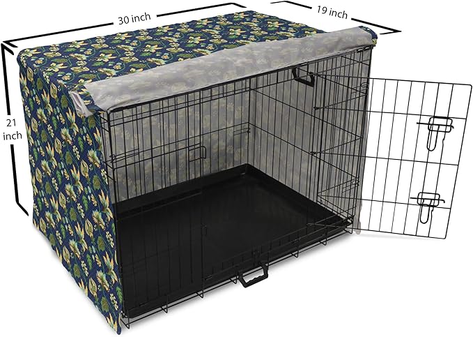 Lunarable Jacobean Dog Crate Cover, Triangles with Floral Pattern Stalks Leaves Flowers Whimsical Nature, Easy to Use Pet Kennel Cover for Cats & Medium Dogs, 30 Inch, Dark Blue Green Mustard