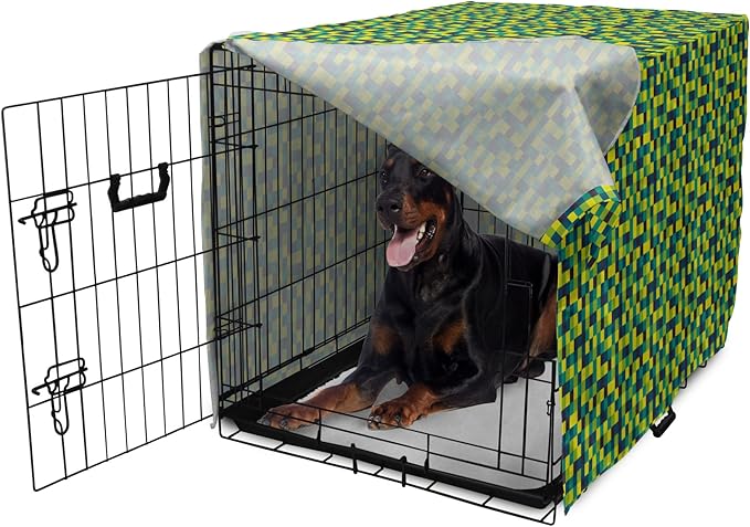 Lunarable Yellow and Blue Dog Crate Cover, Vivid Colored Squares Funky Simple Retro Style Grid Tile, Easy to Use Pet Kennel Cover for Medium Large Dogs, 42 Inch, Petrol Blue Lime Green