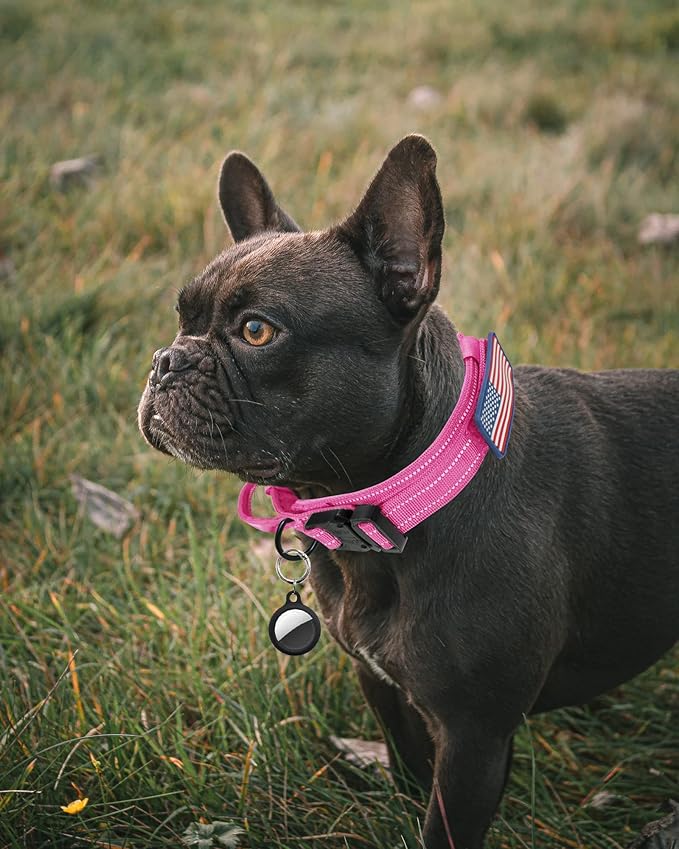 AUBELL Reflective Dog Collar, Tactical Dog Collar for Medium Dogs, Heavy Duty Dog Collars with Handle and Metal Buckle Great for Female Dogs Training, with Airtag case and 2 Patches(Pink, L)