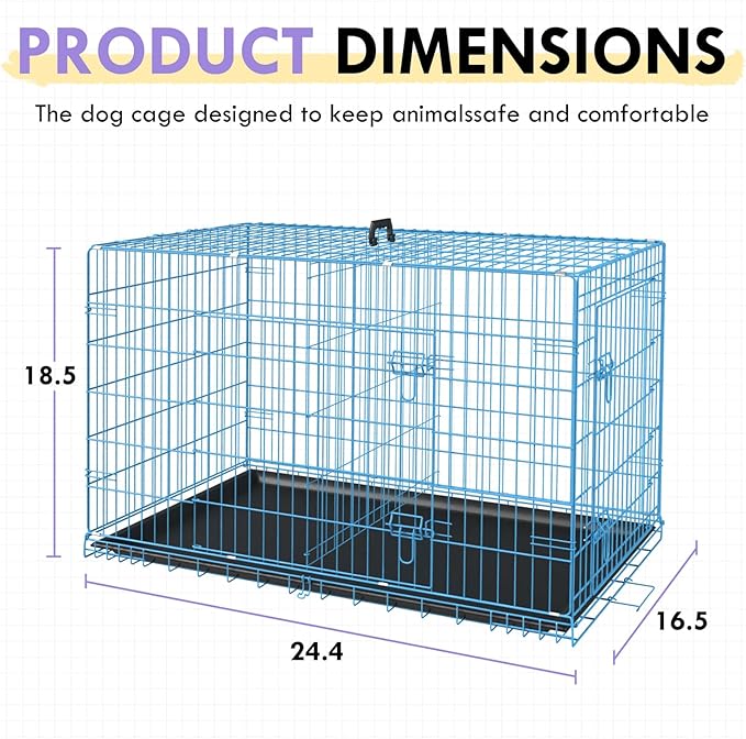 PayLessHere Large Dog Crate Kennel for Medium Large Dogs 24 inches Metal Dog Cage Double-Door Folding Travel Indoor Outdoor Puppy Playpen with Divider and Handle Plastic Tray,Blue