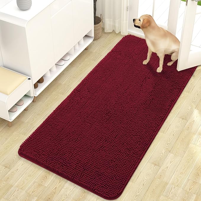 OLANLY Dog Door Mat for Muddy Paws 47x24, Absorbs Moisture and Dirt, Absorbent Non-Slip Washable Mat, Quick Dry Chenille, Mud Mat for Dogs, Entry Indoor Door Mat for Inside Floor, Burgundy