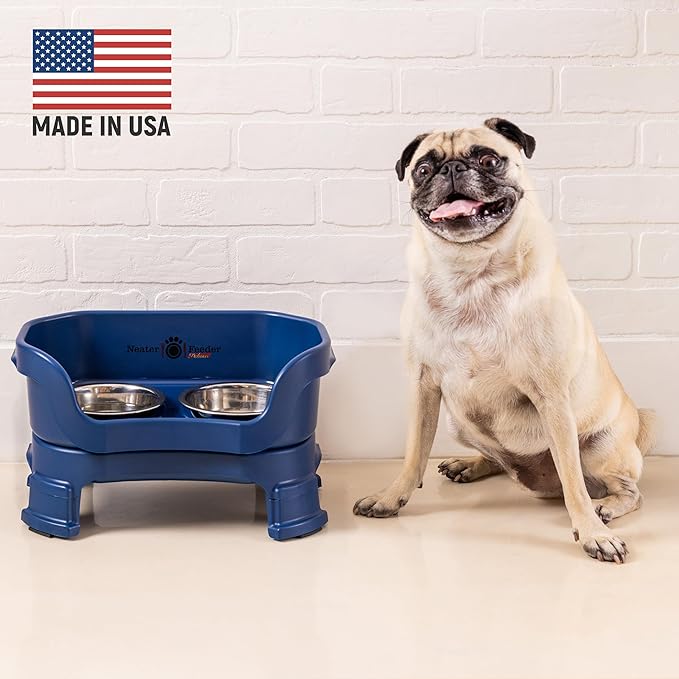 Neater Feeder Deluxe Mess Proof Dog Bowls Elevated for Small Breeds – Made in USA – No Spill Raised Dog Food Bowl Stand w/Leg Extensions – Stainless Steel Dog Food and Water Bowl Set – Dark Blue