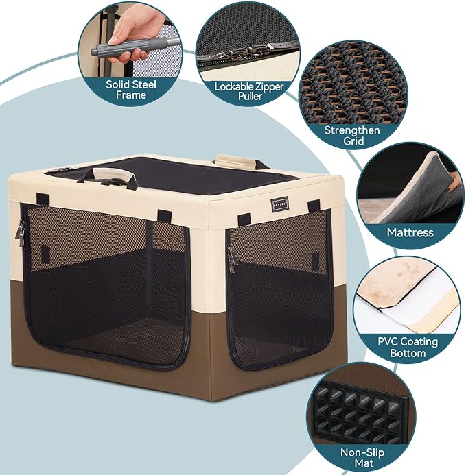 PETSFIT Collapsible Dog Crate, Portable Dog Crate - 30 Inch Easy Set-up, Light, Sturdy, Comfy Inside with Thicken Mat, Soft Sided Crate for Home and Travel Brown