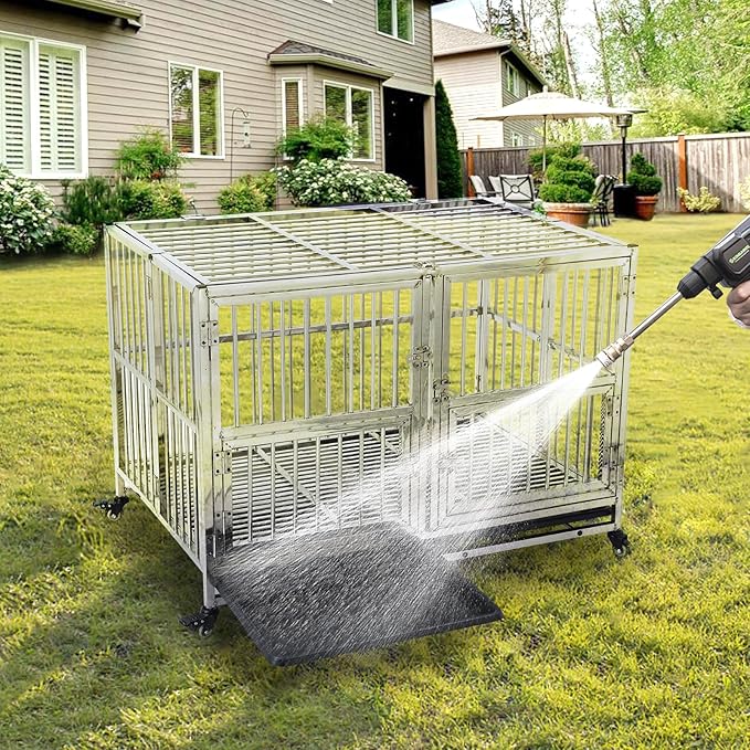 42" Heavy Duty Dog Crate Cage Kennel with Wheels, Full Stainless Steel High Anxiety Indestructible Dog Crate, Sturdy Locks Design, Double Door Small Door Design & Removable Tray Design (Silver)