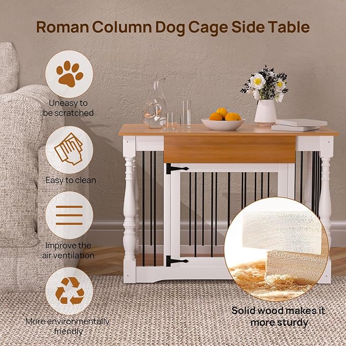 Dog Crate Furniture - Solid Wood Roman Column Kennel for Small/Medium Dogs | Multi-Functional Pet Bed with Removable Tray & Coffee Table Design | Modern Home Decor,Indoor Furniture (White)