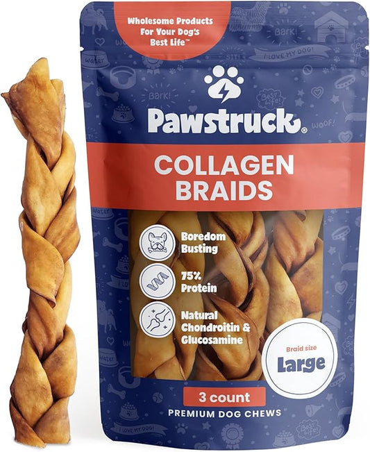Pawstruck Natural Large 10-13” Beef Collagen Braids for Dogs - Healthy Long Lasting Alternative to Traditional Rawhide & Bully Sticks w/Chondroitin & Glucosamine - 3 Count - Packaging May Vary