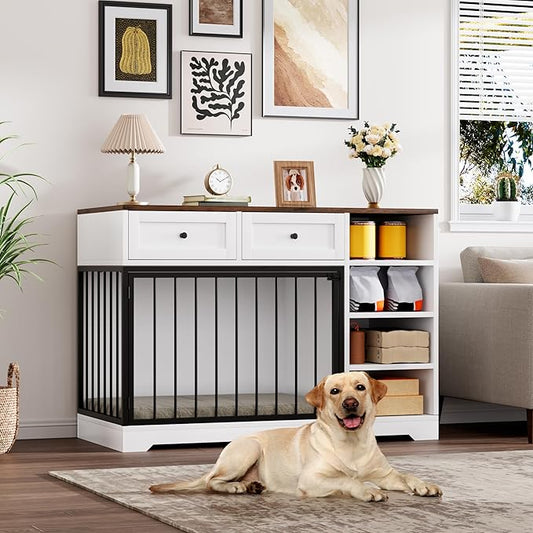 Dog Crate Furniture 47”, Large Dog Crate TV Stand with 2 Drawers and 4 Shelves, Wooden Dog Kennel Indoor, Decorative Dog Cage with Storage for Large Dogs, White